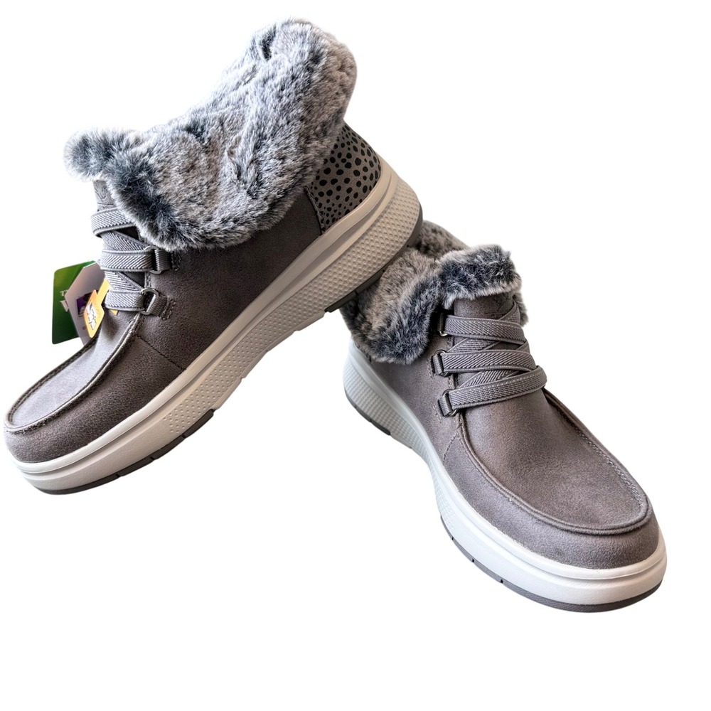 Skechers BOBS Slip-Ins Womens 9.5 Gray Faux Fur Booties Vegan Memory Foam